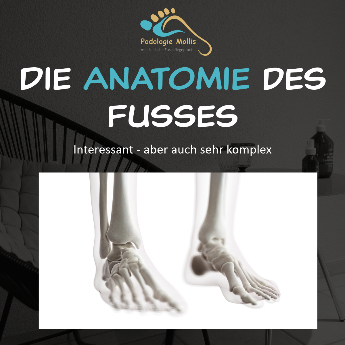 Detaillierte Darstellung der Fussanatomie bei Podologie Mollis, präsentiert von Andrea Stüssi, um die Komplexität und Bedeutung des Fusses zu verdeutlichen.